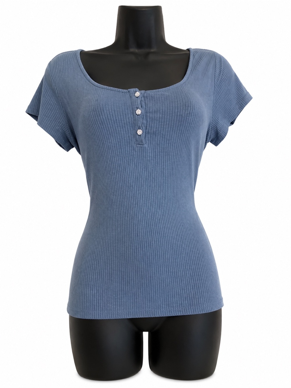 Guess Ribbed Scoop Neck Short Sleeve Top in Dusty Blue